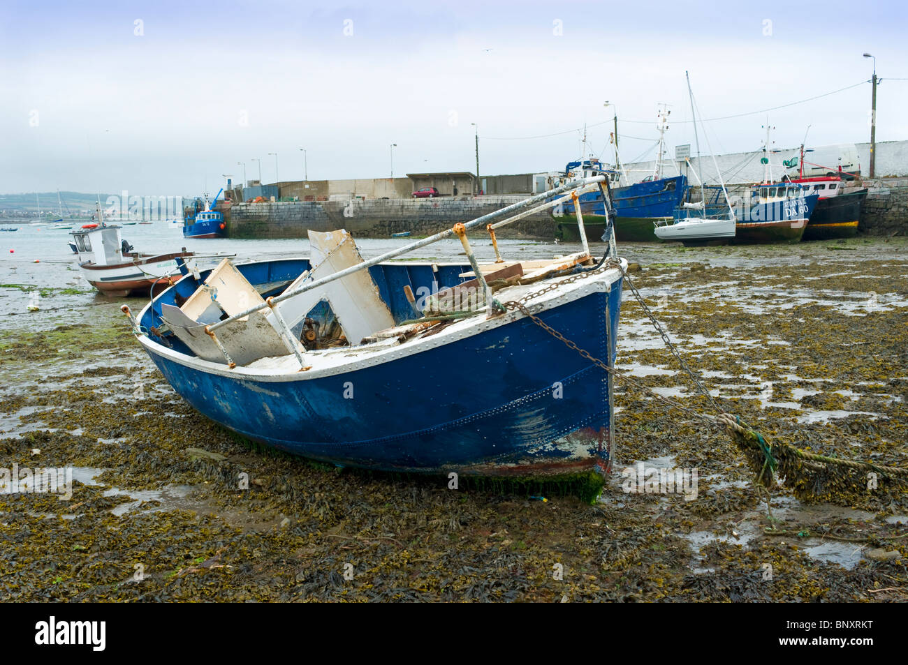 Un Yate naufragado en el puerto de la ciudad costera de Skerries, al norte del condado de Dublín, Irlanda Foto de stock