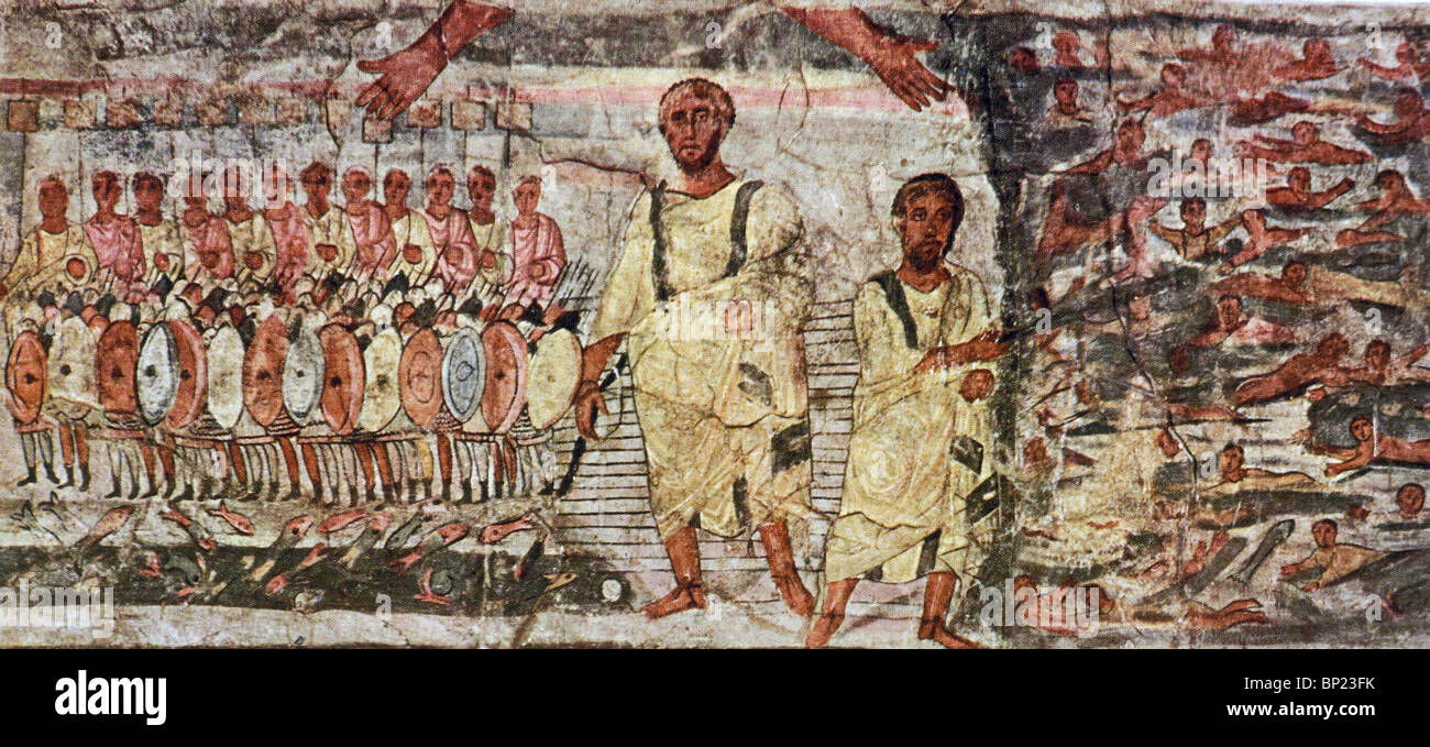 El éxodo y el cruce del Mar de lectura. La pintura de la pared de Dura Europos uno de los conocidos EARLYEST sinagogas fechada c. 245 Foto de stock