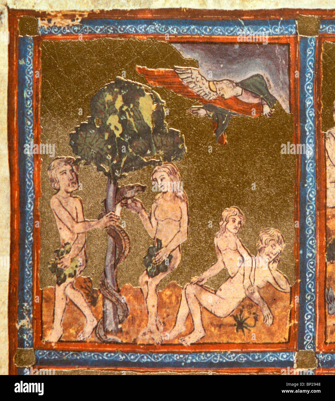 Lado izquierdo: Adam & Eve bajo el árbol de la sabiduría CON LA SERPIENTE RIGHR LATERAL: Vísperas creado fuera del cuerpo de Adán mientras él está Foto de stock