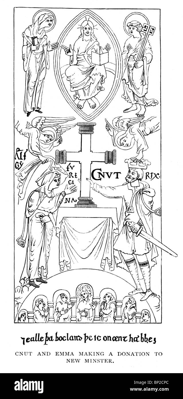 Ilustración en blanco y negro; el Rey Cnut o Canuto y Emma haciendo una donación a la Catedral Nueva; de un manuscrito del siglo XI. Foto de stock