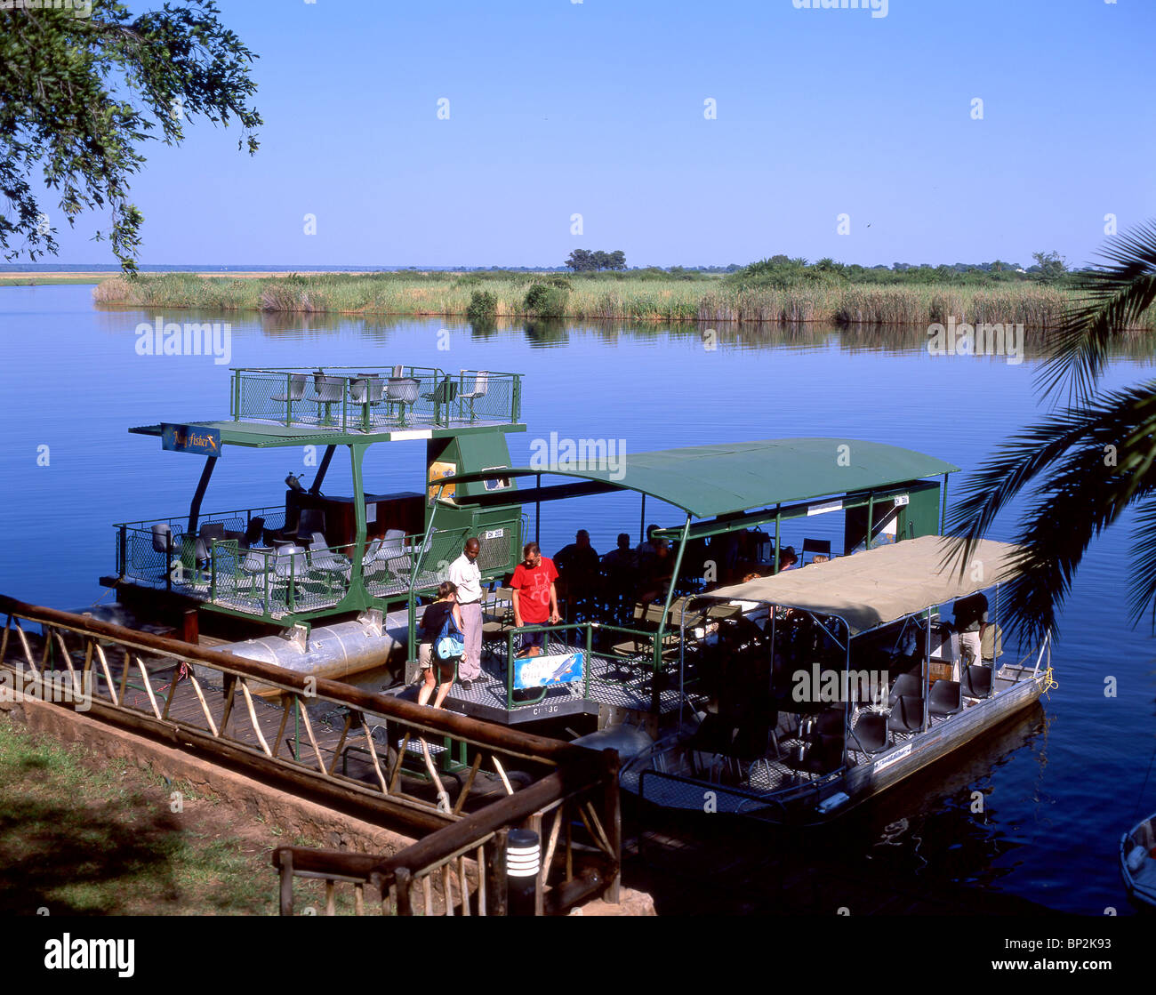 Río Sambezi Ferry, el Parque Nacional Chobe, distrito de Chobe, República de Botswana Foto de stock