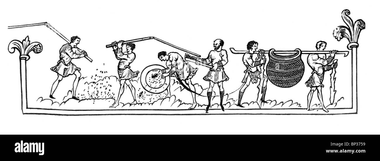 Ilustración en blanco y negro; el calendario anglosajón; Diciembre; Trilla y beldando; origen; MS Cotton Julius un vi; Foto de stock