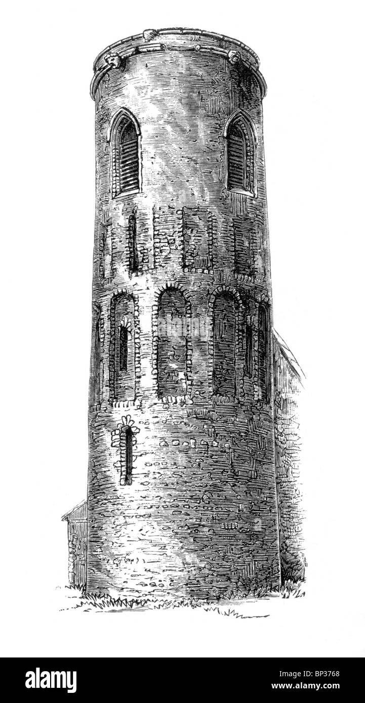 Ilustración en blanco y negro; torre redonda del siglo XII, la Iglesia Tasburgh, Norfolk, Inglaterra Foto de stock