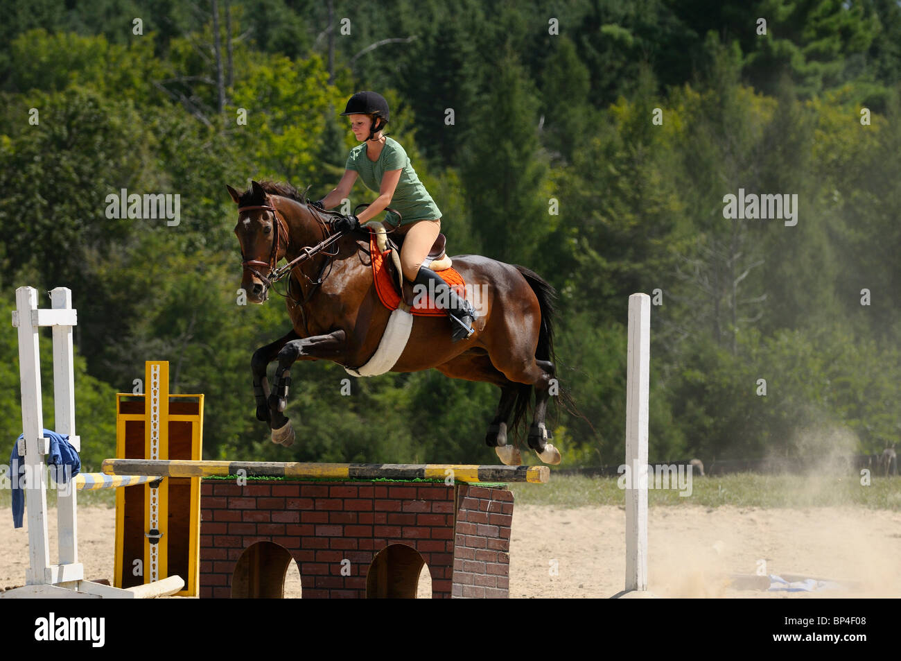 Puente hembra volando sobre un salto con caballos en entrenamiento de equitación de exterior Foto de stock