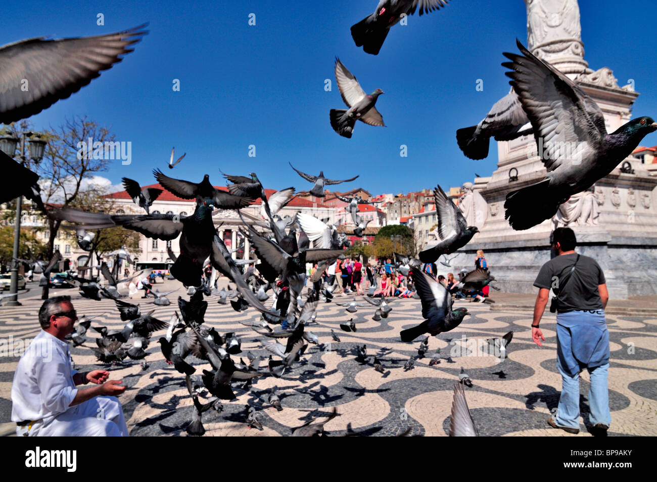 Portugal, Lisboa: el hombre dándole de comer a las palomas en la Plaza Rossio Foto de stock