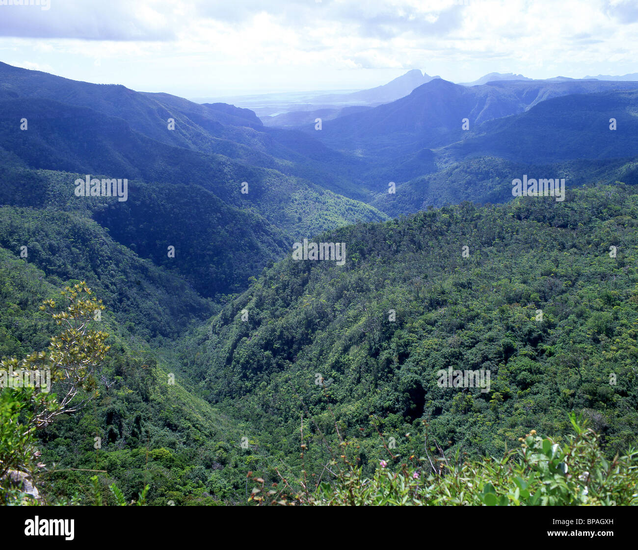Vista de la garganta y de la costa, el Parque Nacional Black River Gorges, distrito de Black River, República de Mauricio Foto de stock