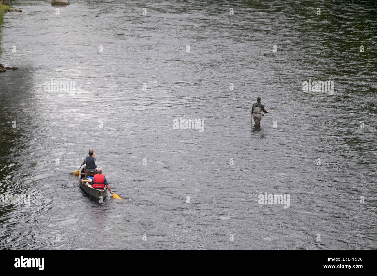 Canoas y pesca de salmones en el Río Spey en Grantown en Spey OCS 6434 Foto de stock