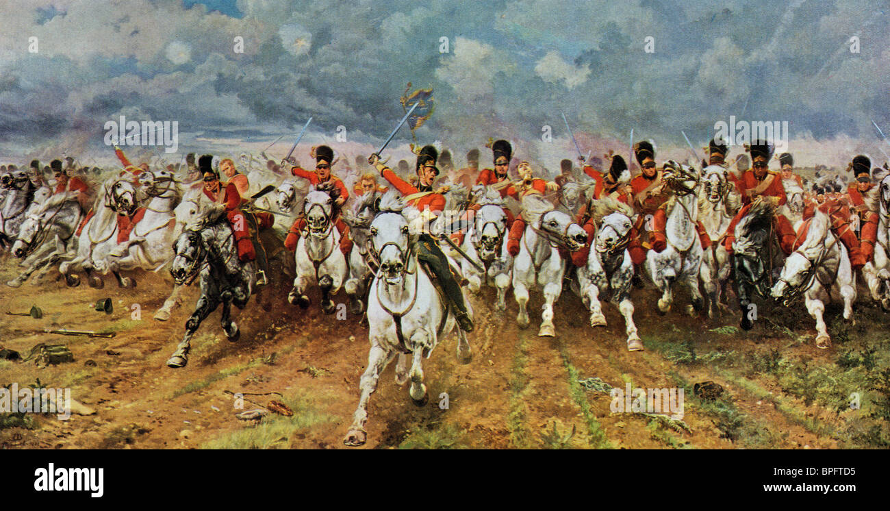 Escocia para siempre. El Royal Scots Greys cargo en Waterloo. Pintura por Lady Elizabeth Butler. Foto de stock