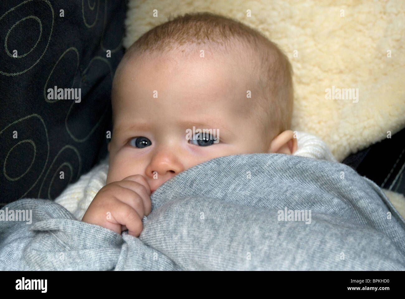 Bebé se ha sentado en un cochecito con aspecto de preocupación Foto de stock
