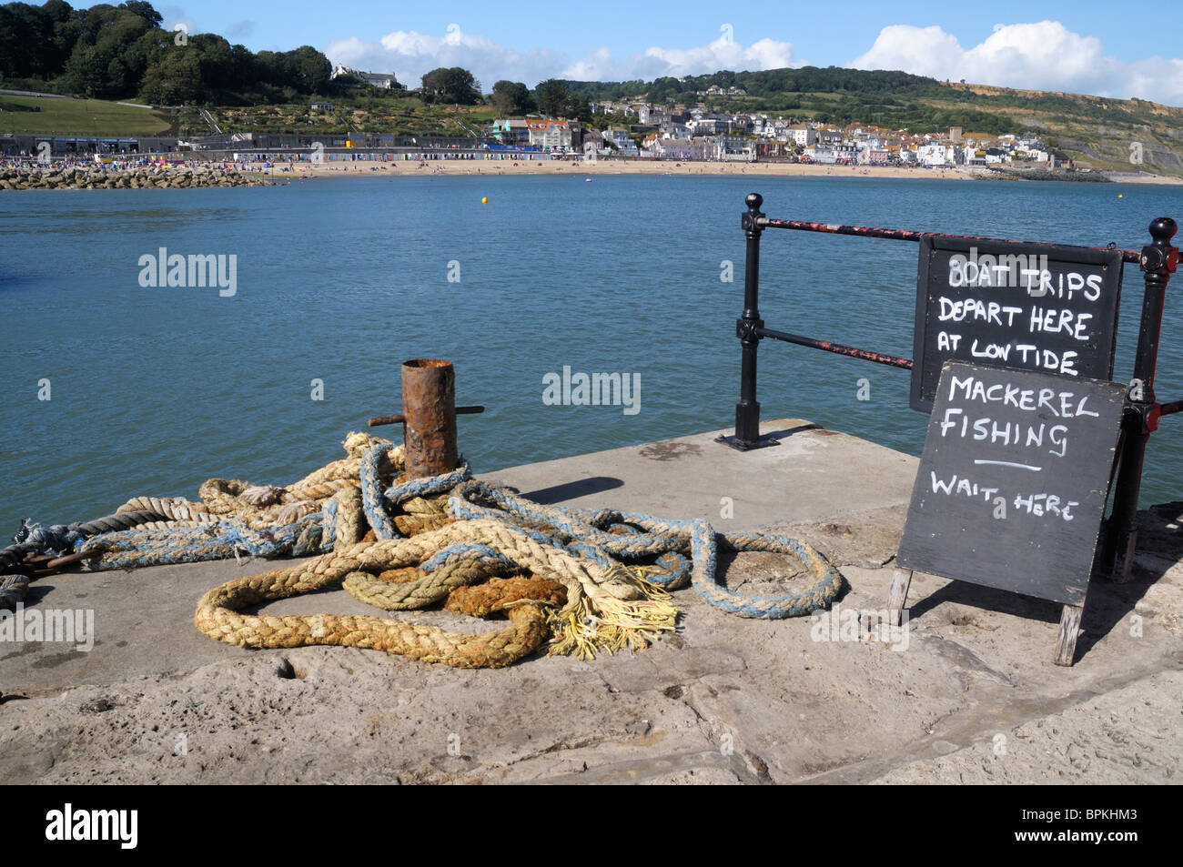 Carteles de publicidad viajes en barco y pesca caballa en Lyme Regis, Dorset Foto de stock