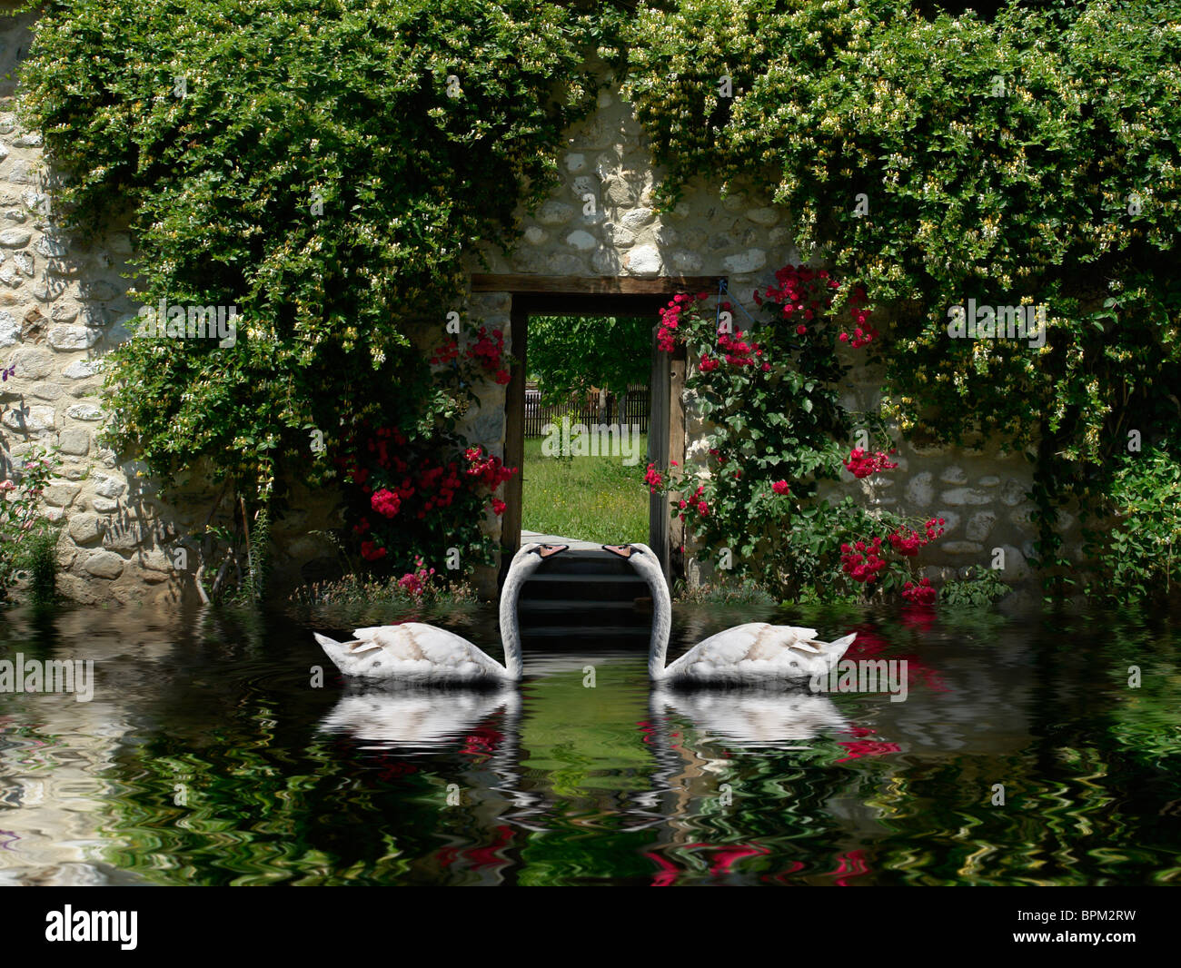 Hermoso paisaje con amorosa cisnes en Venecia Italia vigila una entrada secreta a un jardín celestial Foto de stock