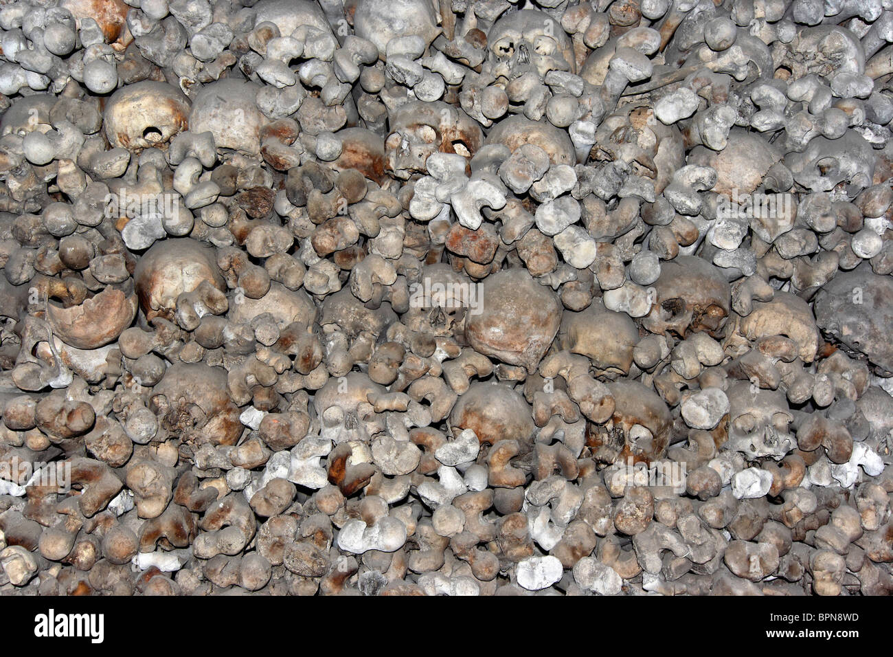 Detalle de los huesos humanos y cráneos de charnel-casa en la ciudad de Mikulov. Mikulov, Moravia, República Checa. Foto de stock