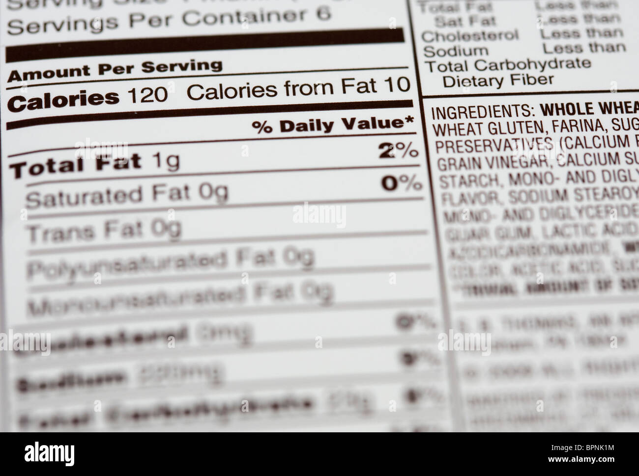 Los Estados Unidos la información nutricional de alimentos gráfico. Foto de stock