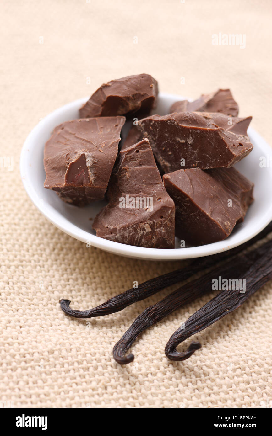 Pedazos de chocolate y Vanilla beans Foto de stock