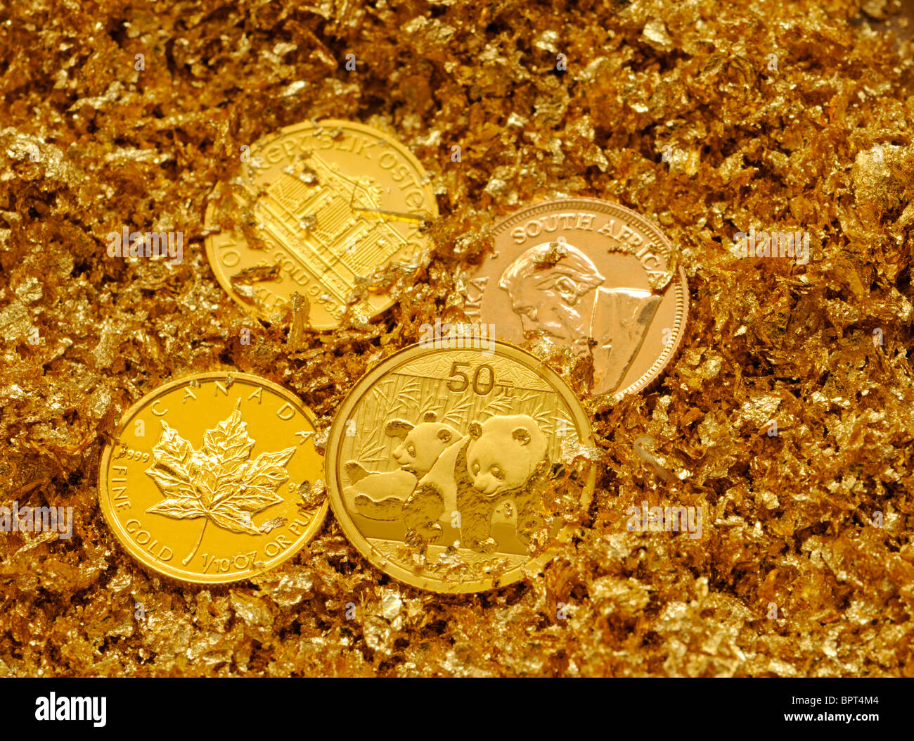 Pequeñas monedas en lingotes de oro puro copos de oro Foto de stock