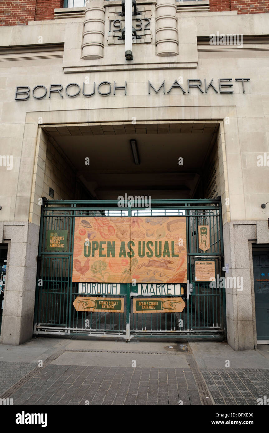 Abrir como de costumbre firmar en la entrada principal del mercado de Borough, SE1, London Foto de stock