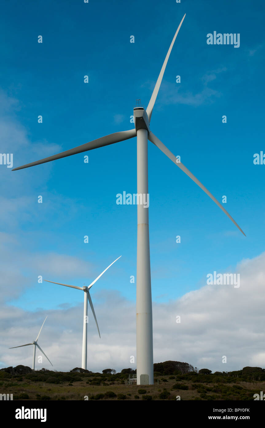 Turbinas eólicas en un parque eólico cerca de Portland, en Victoria, Australia Foto de stock