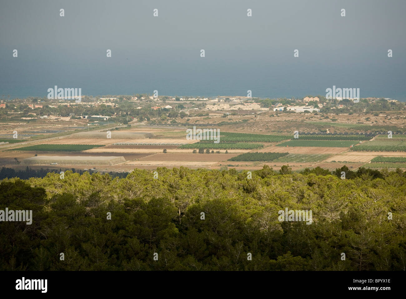 Fotografía aérea de Kibutz Nah'sholim en la llanura costera Foto de stock