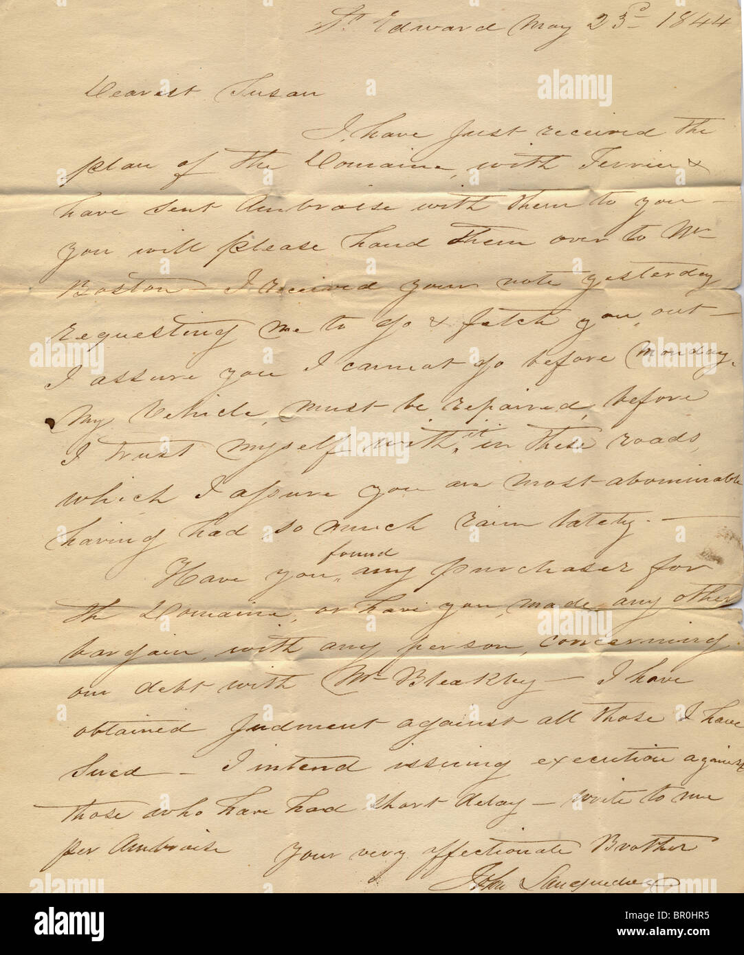 Una vieja carta manuscrita de 1844 Foto de stock