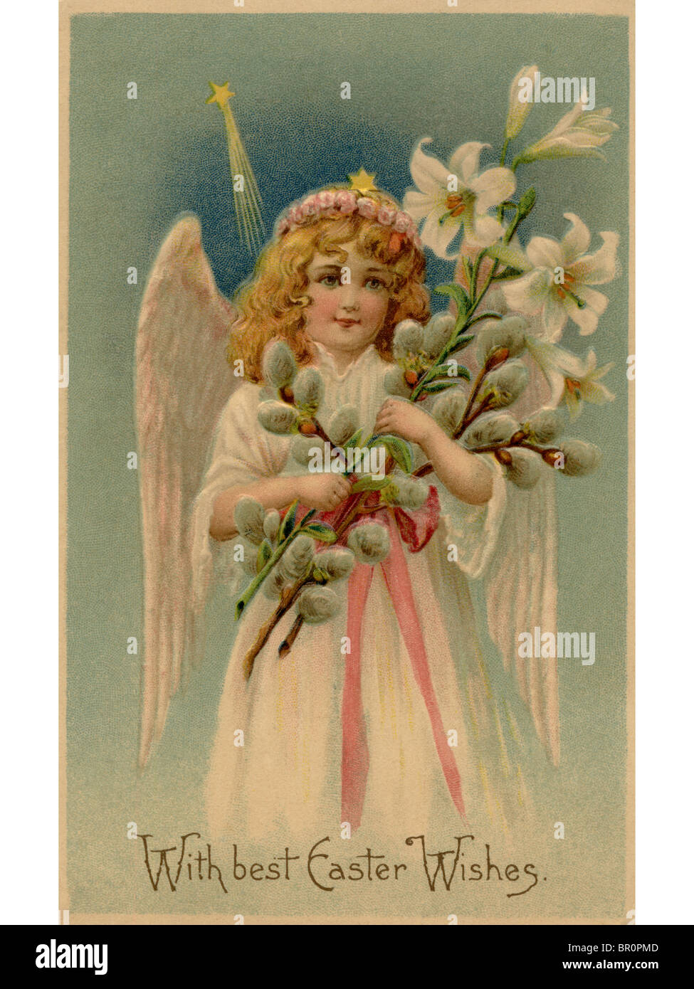 Un vintage postal de Pascua de un ángel sosteniendo los lirios Foto de stock