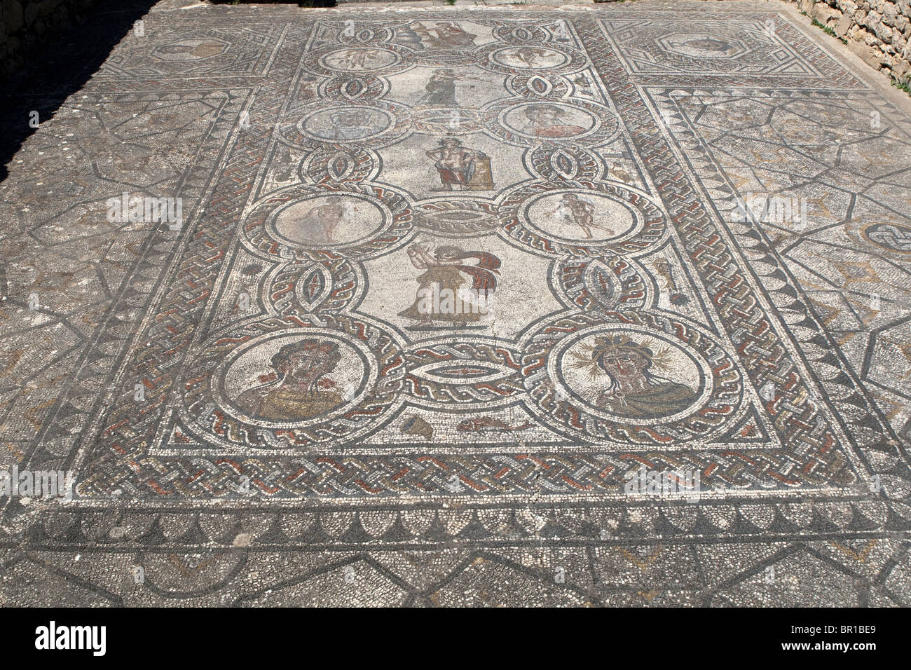 Comedor con cuatro estaciones en cada esquina mosaic, Volubilis ciudad romana, Marruecos Foto de stock