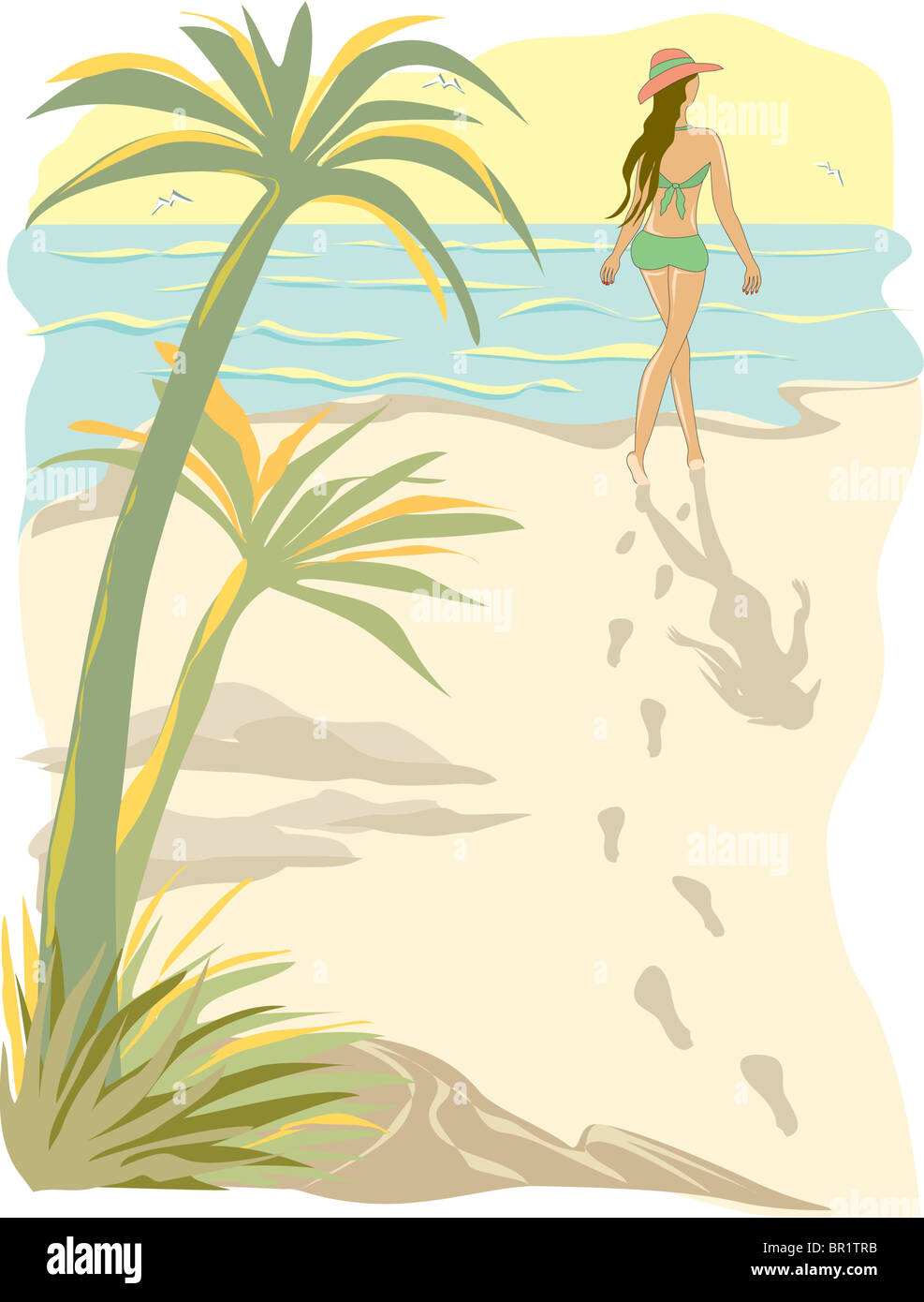 Un dibujo de una mujer caminando por la playa Fotografía de stock - Alamy