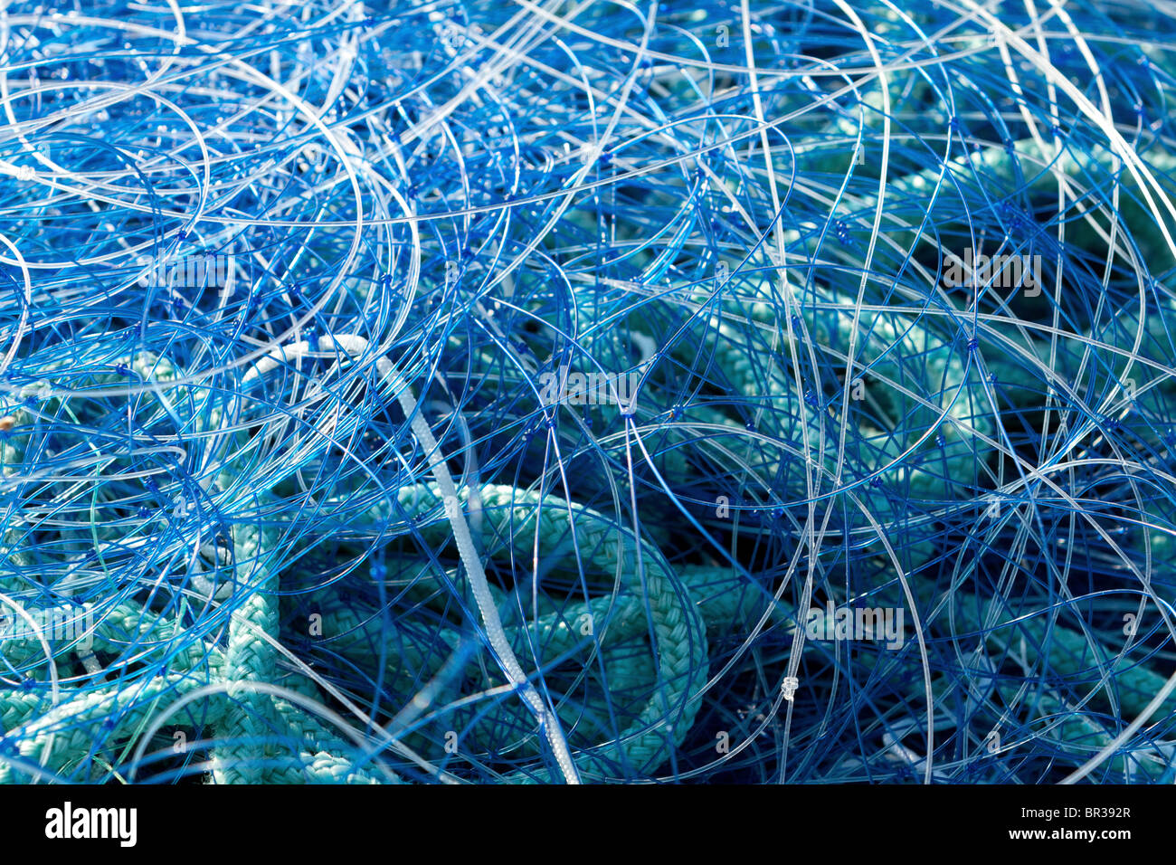 Red de pesca de nylon azul closeup, Bretaña, Francia Foto de stock
