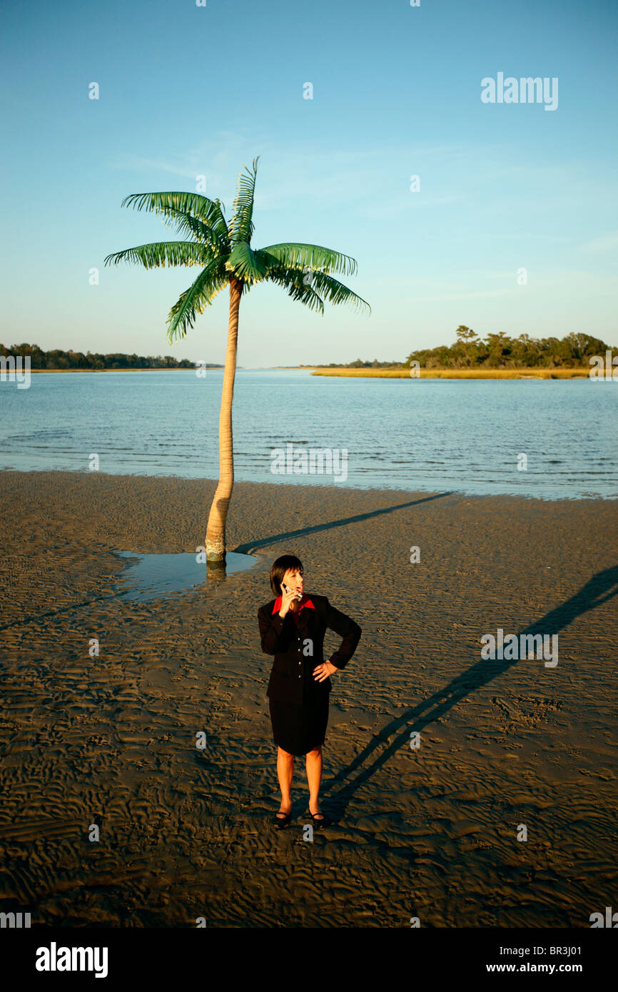 La empresaria trabajando en una isla desierta. Foto de stock
