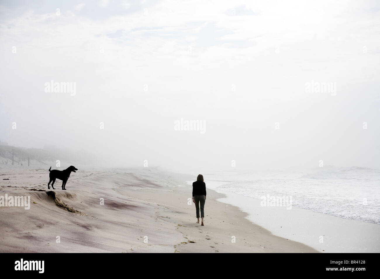 Una joven toma una caminata de la mañana en una playa de niebla con su perro en los Hamptons, en el estado de Nueva York Foto de stock