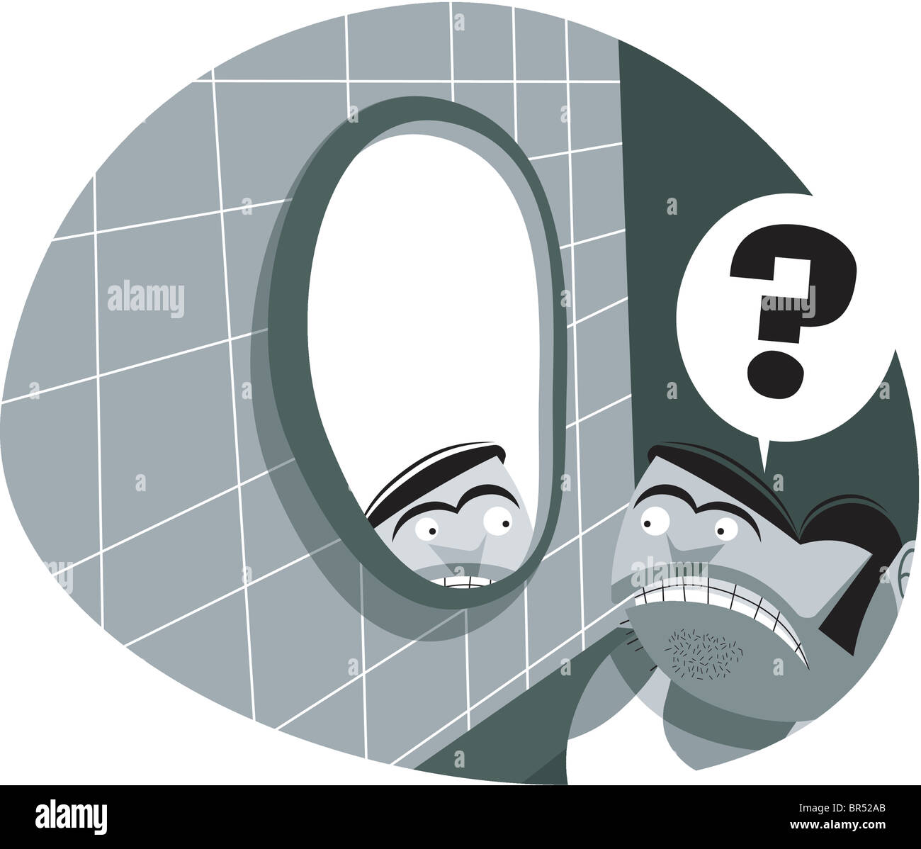Una ilustración de un hombre bajito, mirando en el espejo del baño con un  signo de interrogación en un bocadillo de diálogo por encima de su cabeza  Fotografía de stock - Alamy
