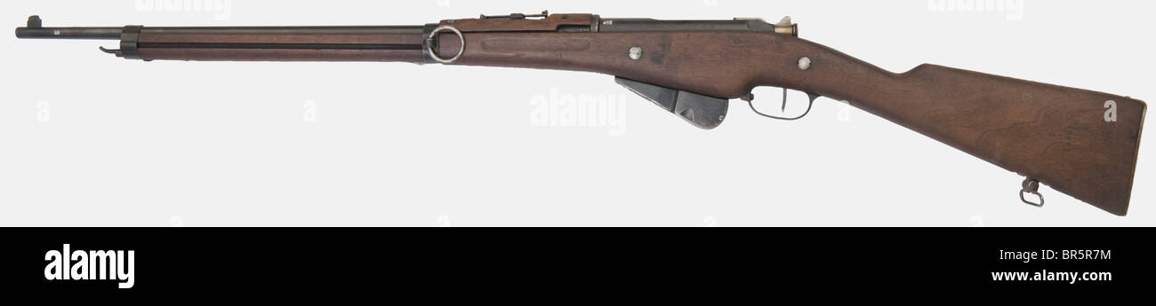 Un rifle indochino francés M 1902/16, calibre 8 x 50R Lebel, número 28388, excepto el perno número 87, fabricado en la fábrica de Tulle en 1916. Bluing original, stock con número de serie doble (D14909). Este rifle fue diseñado especialmente para las tropas coloniales francesas de las colonias asiáticas debido al pequeño tamaño de los soldados y por lo tanto era más corto que los modelos habituales. Muy raro. Histórico, histórico, 1910s, siglo 20, arma de fuego, armas de fuego, arma de fuego, armas de fuego, armas, armas, armas, arma, brazo, dispositivo de combate, objeto, objetos, alambiques, recortes, recortes, corte, corte, c, Foto de stock