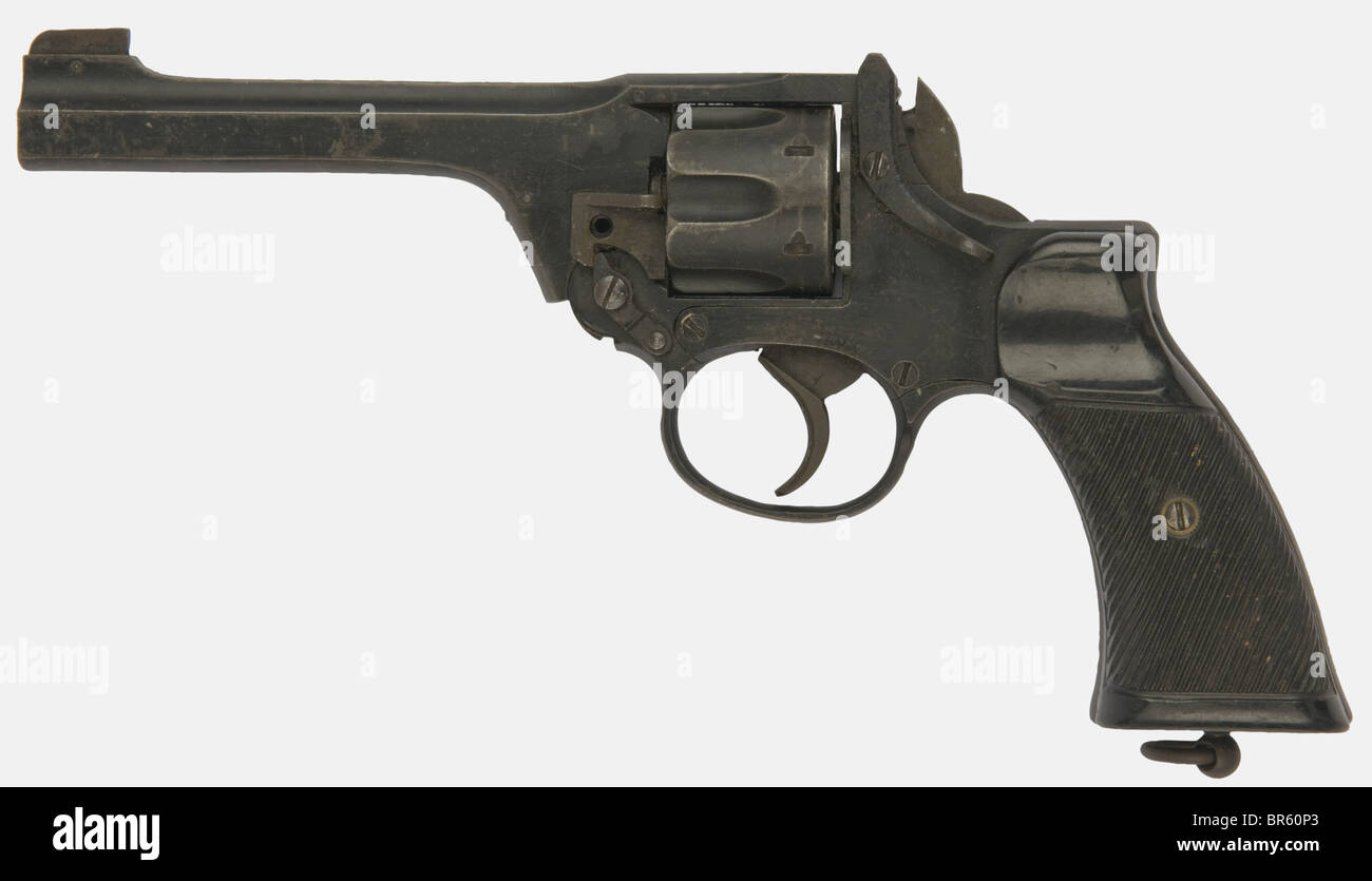 Un revólver inglés de Enfield, calibre 380 Webley, número YS 630. Pintura  negra original, escamas de plástico negro, falta un tornillo. Histórico,  histórico, siglo 19, pistola, armas de fuego, arma de fuego,