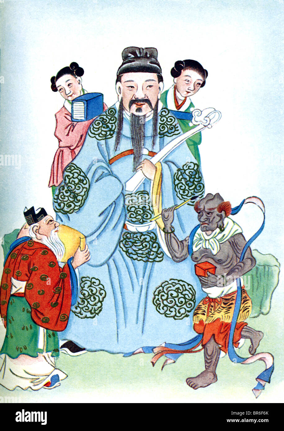 El confucianismo es el jefe de la deidad es Wen Ch'ang, dios de la literatura (oriente figura vestida de azul y sosteniendo cetro en la mano derecha). Foto de stock