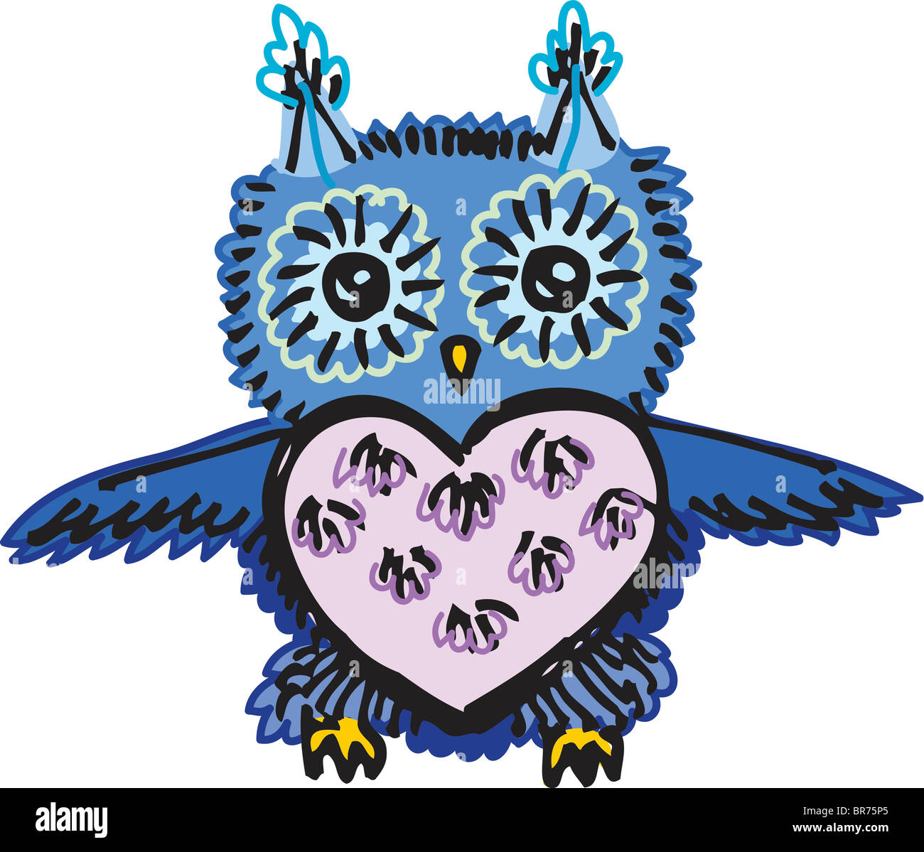 Un búho azul y púrpura con las alas extendidas y un pecho con forma de corazón Foto de stock