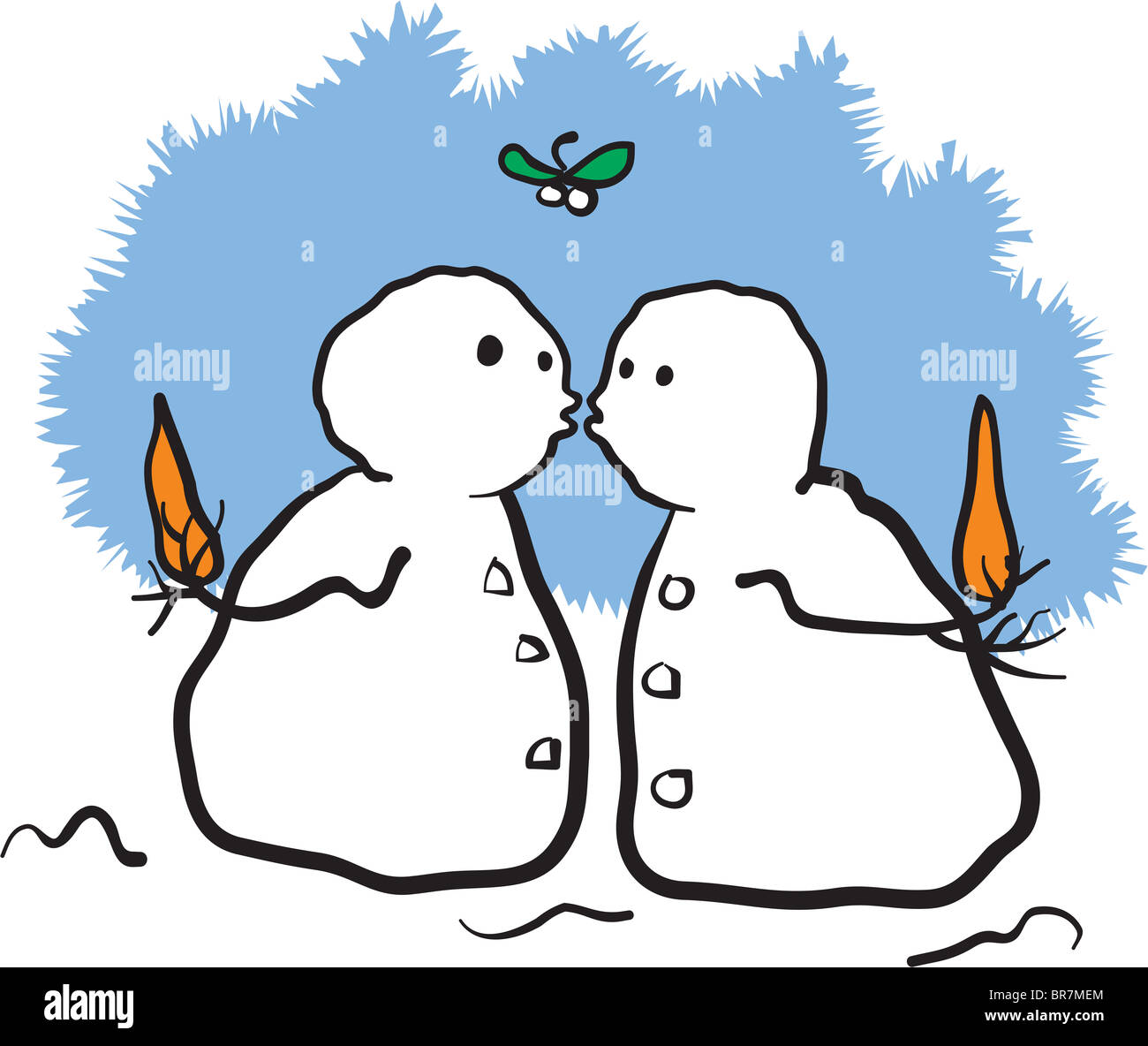 Dos muñecos de nieve besarse bajo el muérdago y manteniendo sus narices a  sus espaldas Fotografía de stock - Alamy