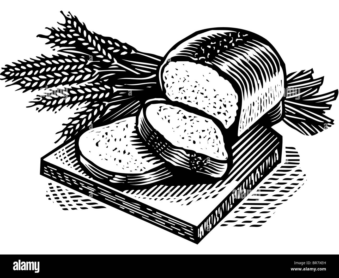 Rodajas de pan fresco y espigas de trigo en una junta de pan, blanco y negro Foto de stock