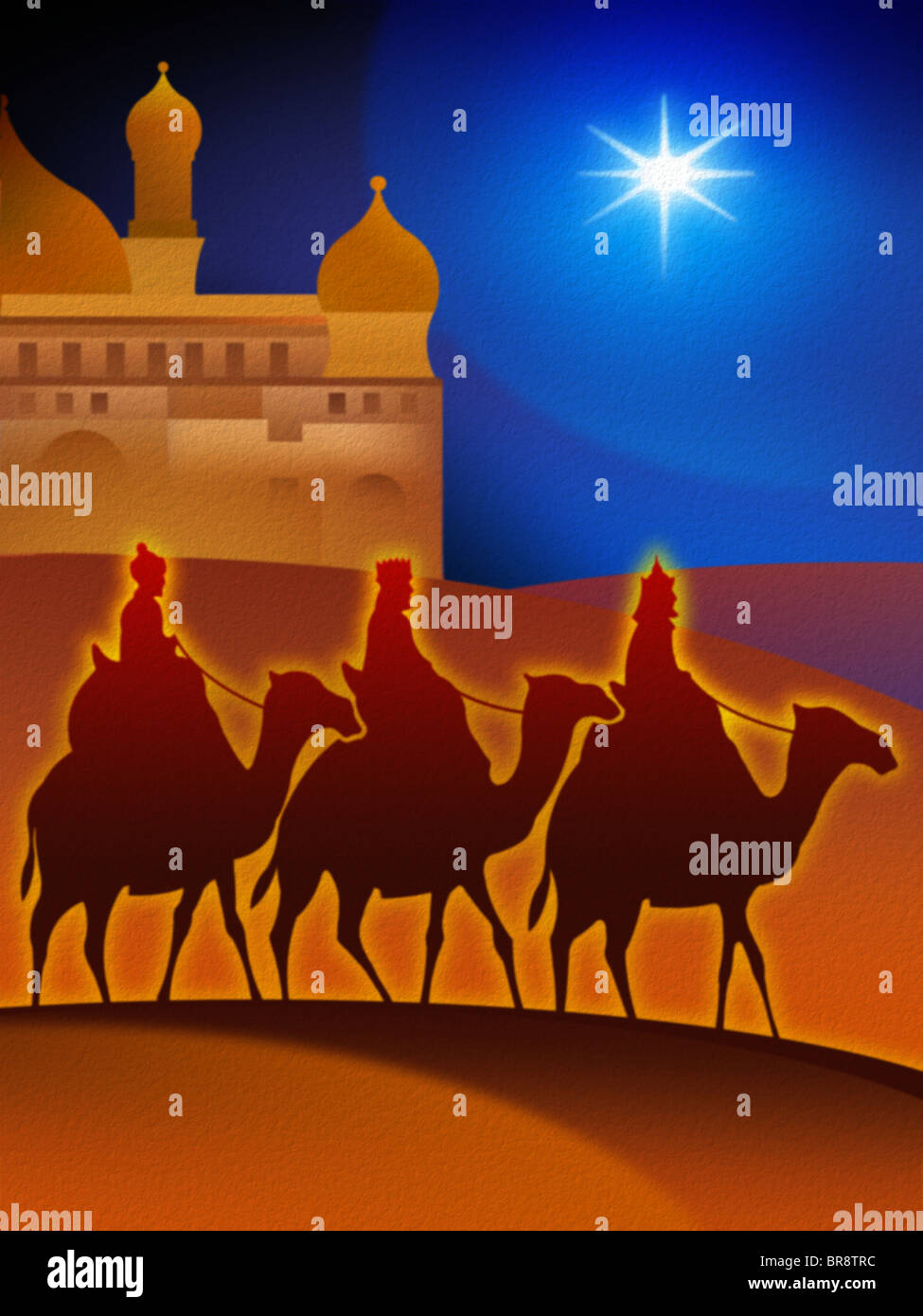 Los tres reyes magos en camellos a través del desierto con la estrella de  Belén y Jerusalén, en el fondo Fotografía de stock - Alamy