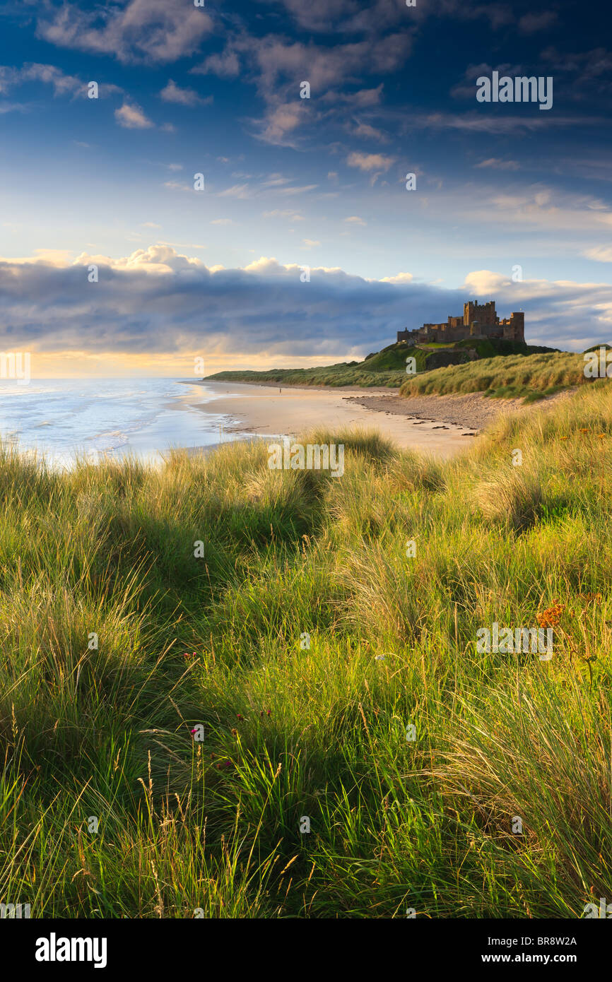 Bamburgh Castle al amanecer en la costa oriental de Northumberland, Inglaterra. Foto de stock