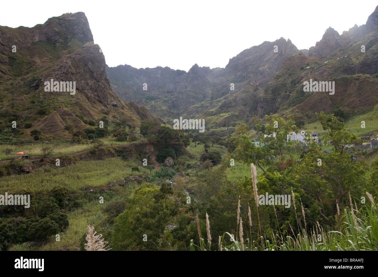 Paisaje de montaña con terrazas y pequeñas casas, San Antao, Islas de Cabo Verde, África Foto de stock