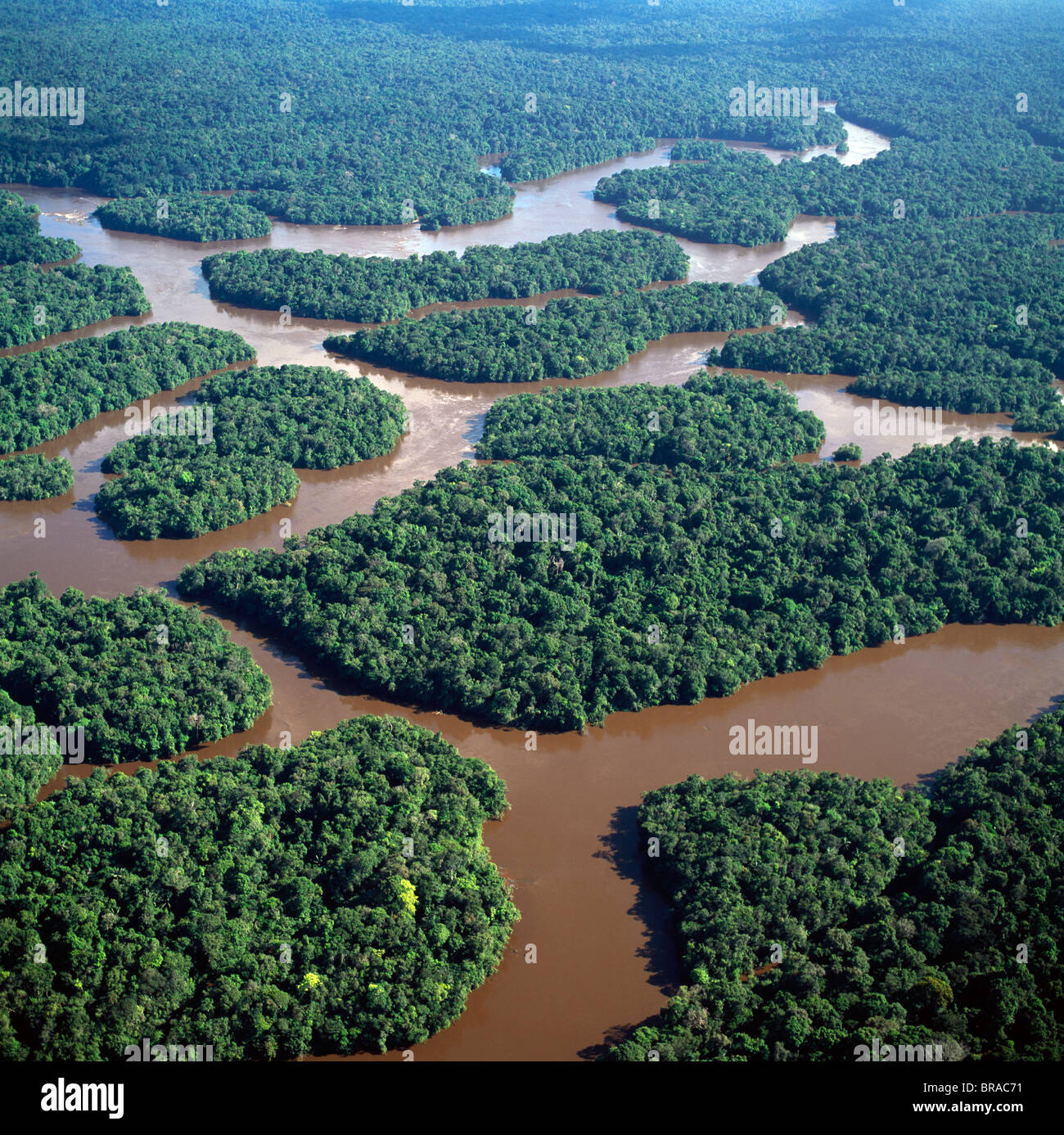 Imagen aérea del río Mazaruni inferior con islas de bosque tropical, Hororabo, cerca de Bartica, Guyana, Sudamérica Foto de stock