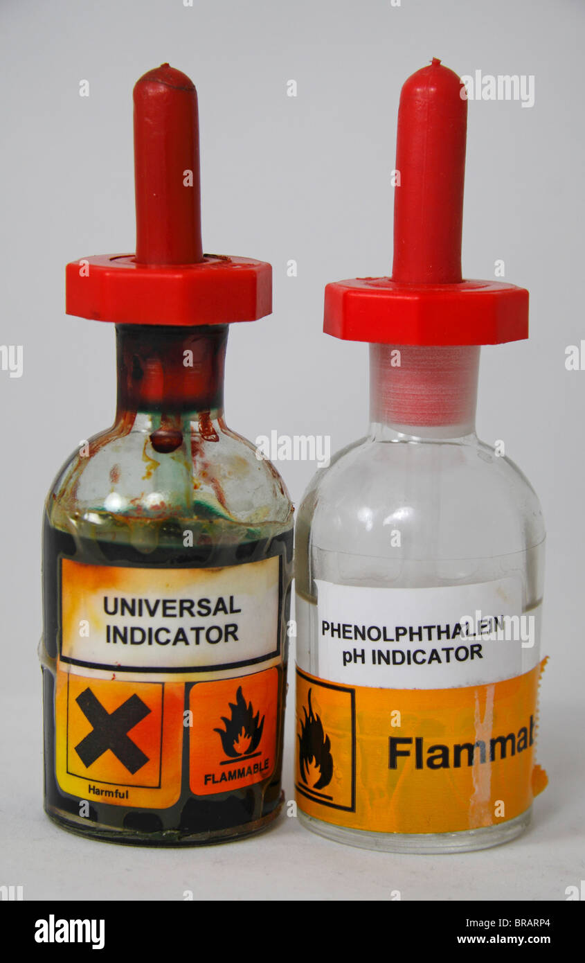Una botella de Indicador Universal junto a una botella de fenolftaleína