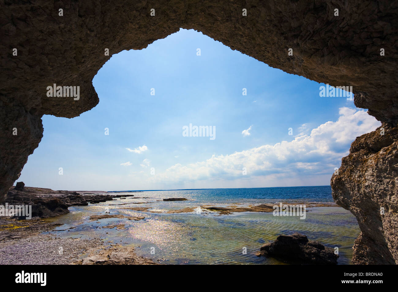 En Digerhuvud Seastack cueva erosionada, restos de millones de años de antigüedad de los arrecifes de coral. Foto de stock