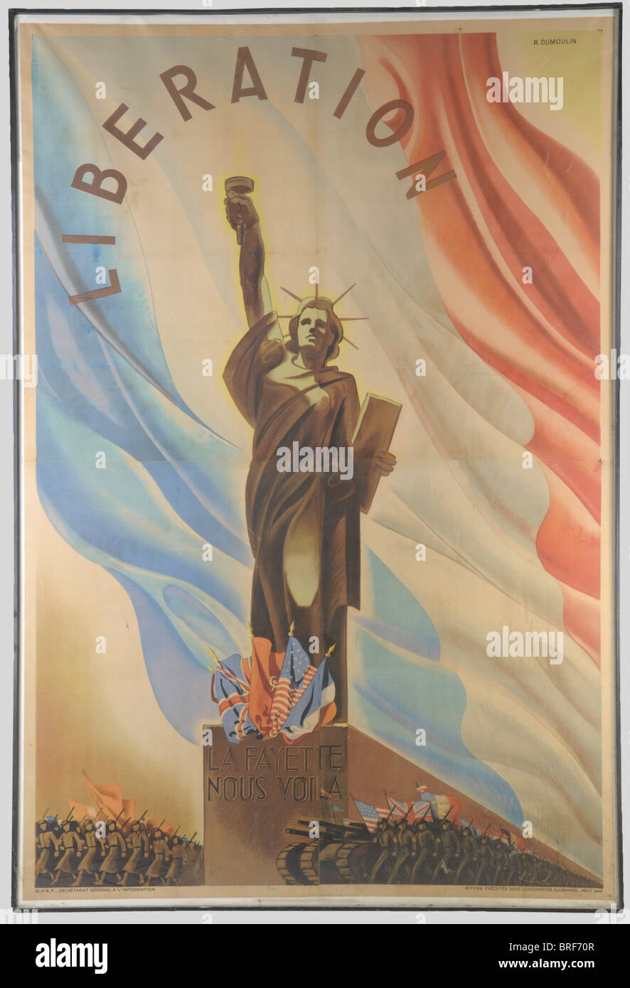 Affiches, Affiche en couleurs sur la Libération de Paris, taille 3 x 3  mètres. Affiche figurant la estatua de la liberté sur fond tricolore par R.  DUMOULIN et les menciones 'Lafayette Nous