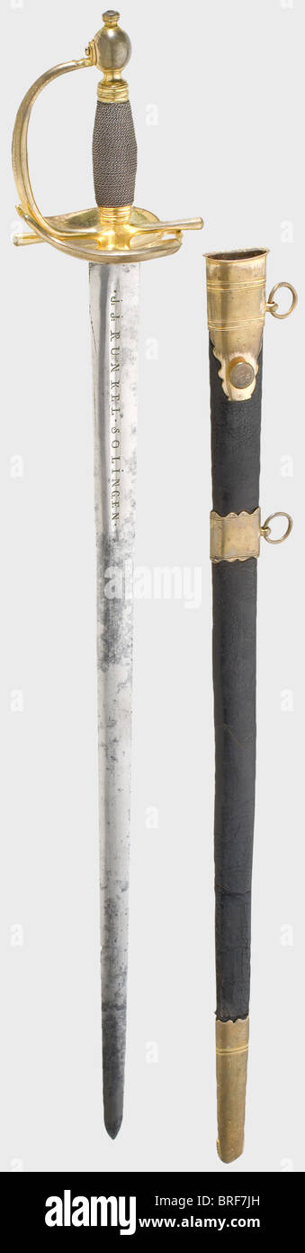 Espada de un oficial de caballería pesada, patrón 1796., hoja Ancha,  lenticular con un corto más lleno. Firma del fabricante 'J:J: Runkel  Solingen'. Hilado dorado, bobinado de hilo plateado. Vaina de cuero