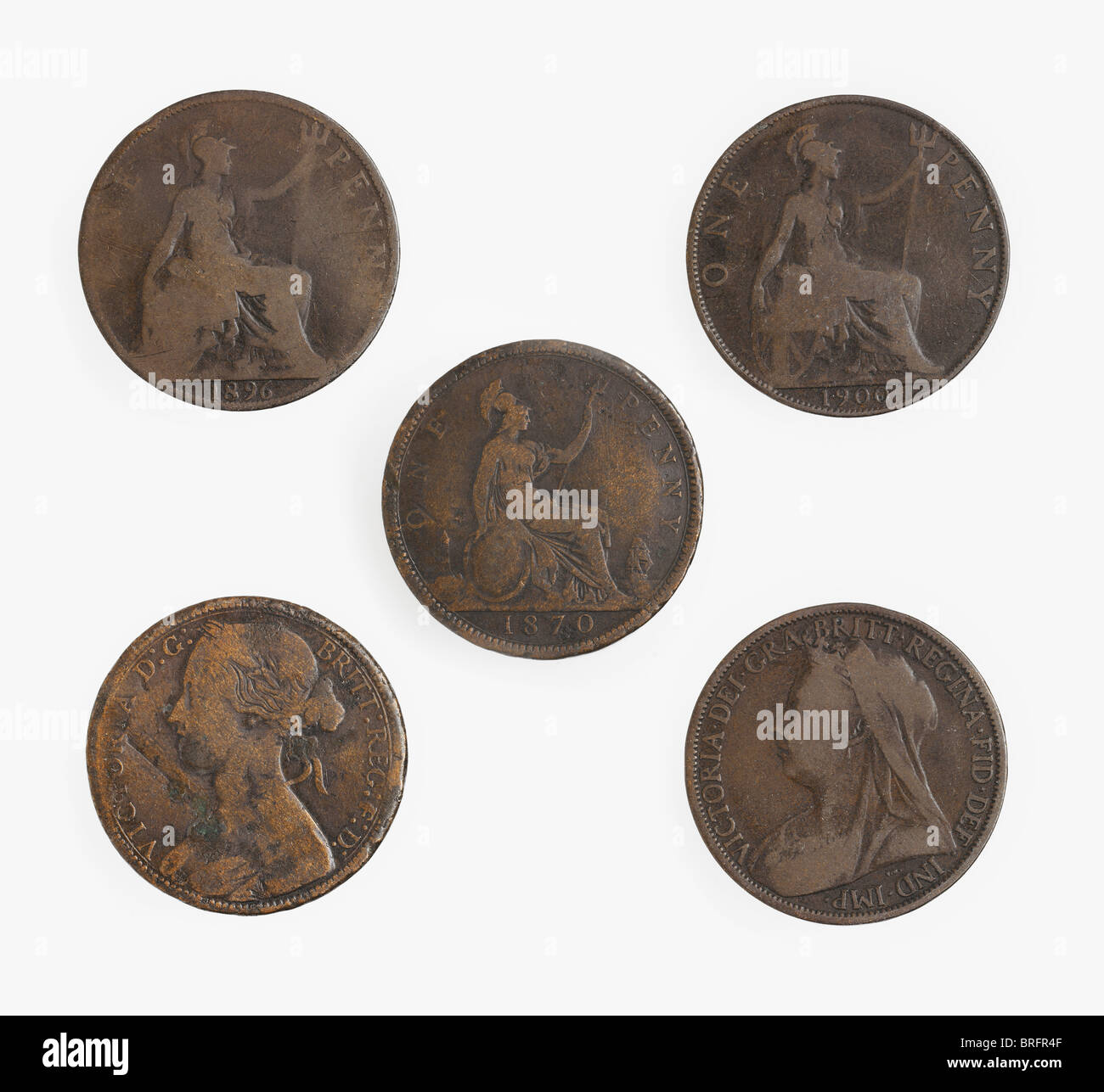 La reina Victoria de monedas de un centavo sobre fondo blanco. Foto de stock