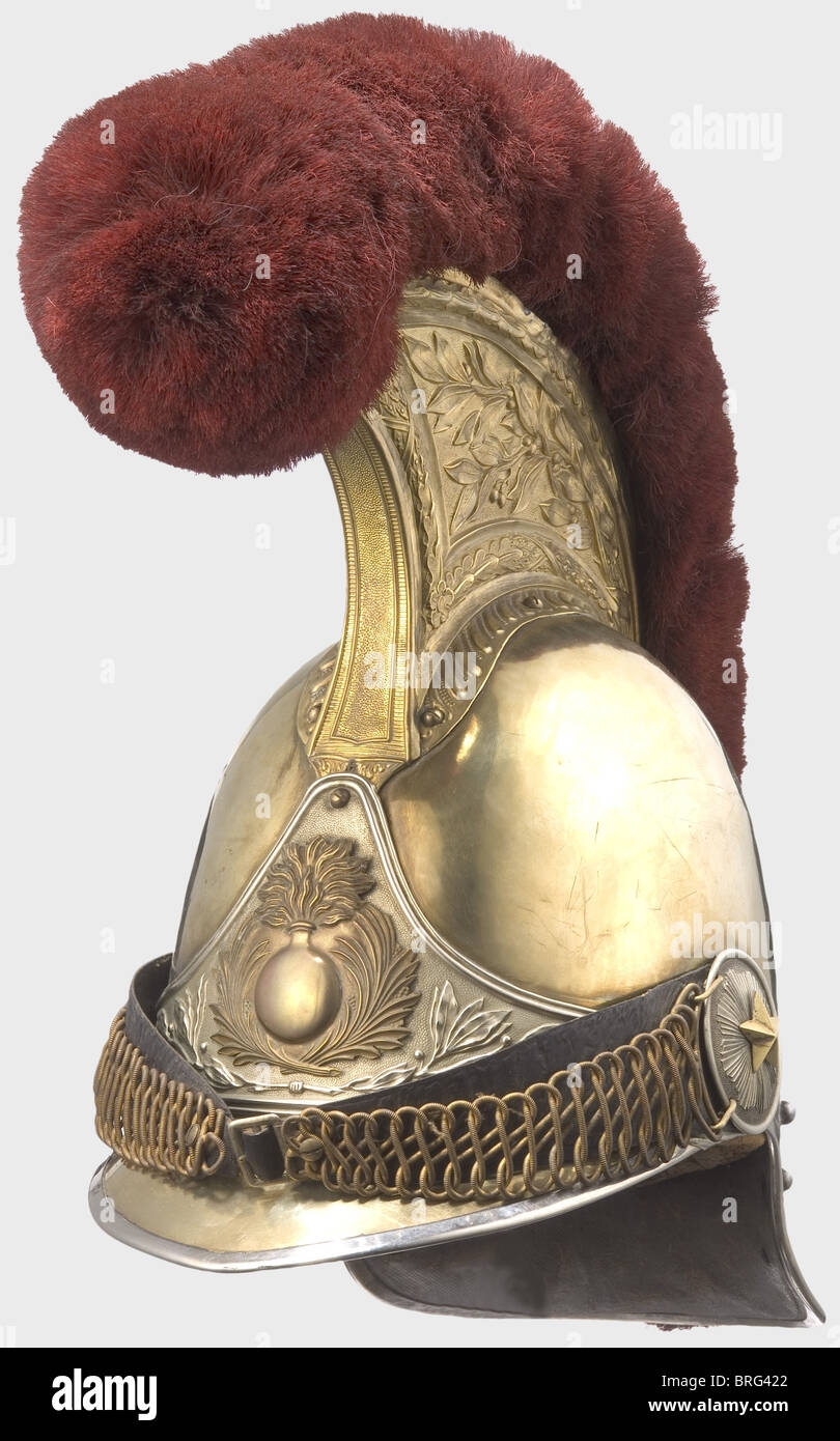 Un casco y un cuirass para los oficiales de carabineros.,un casco 1856 con  un cráneo de Tombac, peine dorado con diseño esculpido y una cresta roja de  caballo.placa de níquel-plata con una