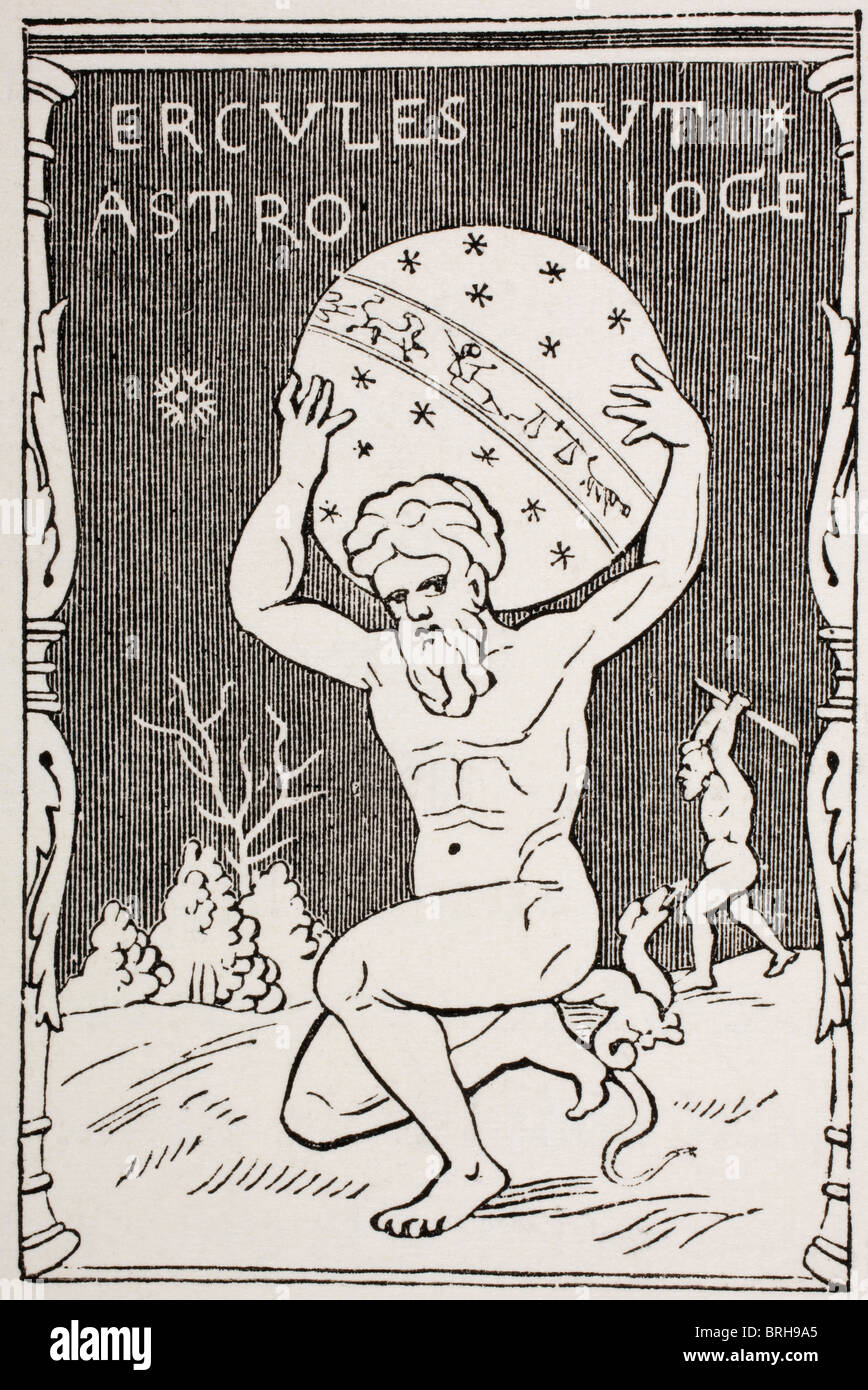 Hercules sosteniendo el mundo sobre su espalda mientras Atlas recoge las manzanas de las Hespérides. Foto de stock