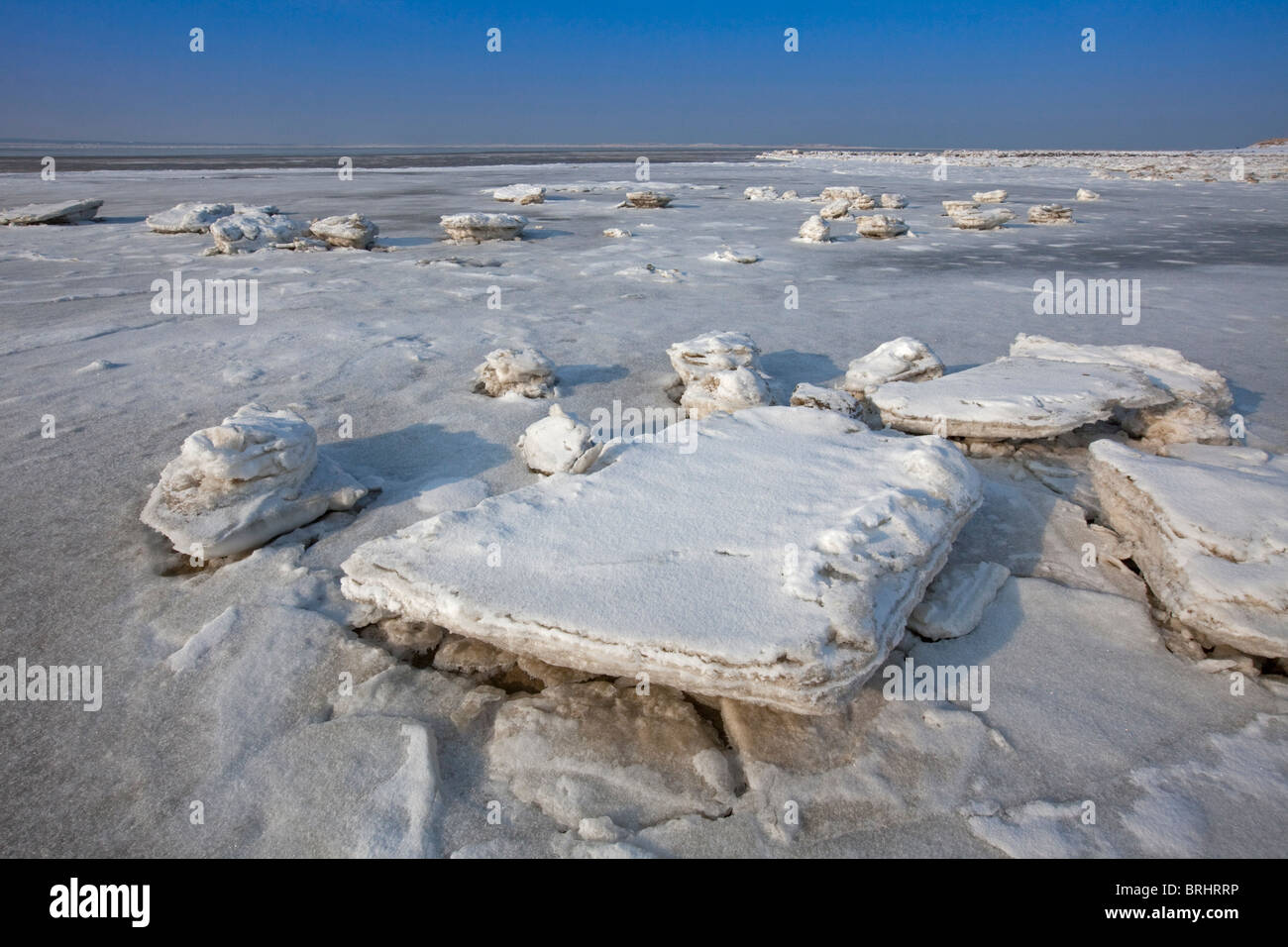 Témpanos de hielo congelado en marismas en invierno en el Parque Nacional del Mar de Wadden, Alemania Foto de stock