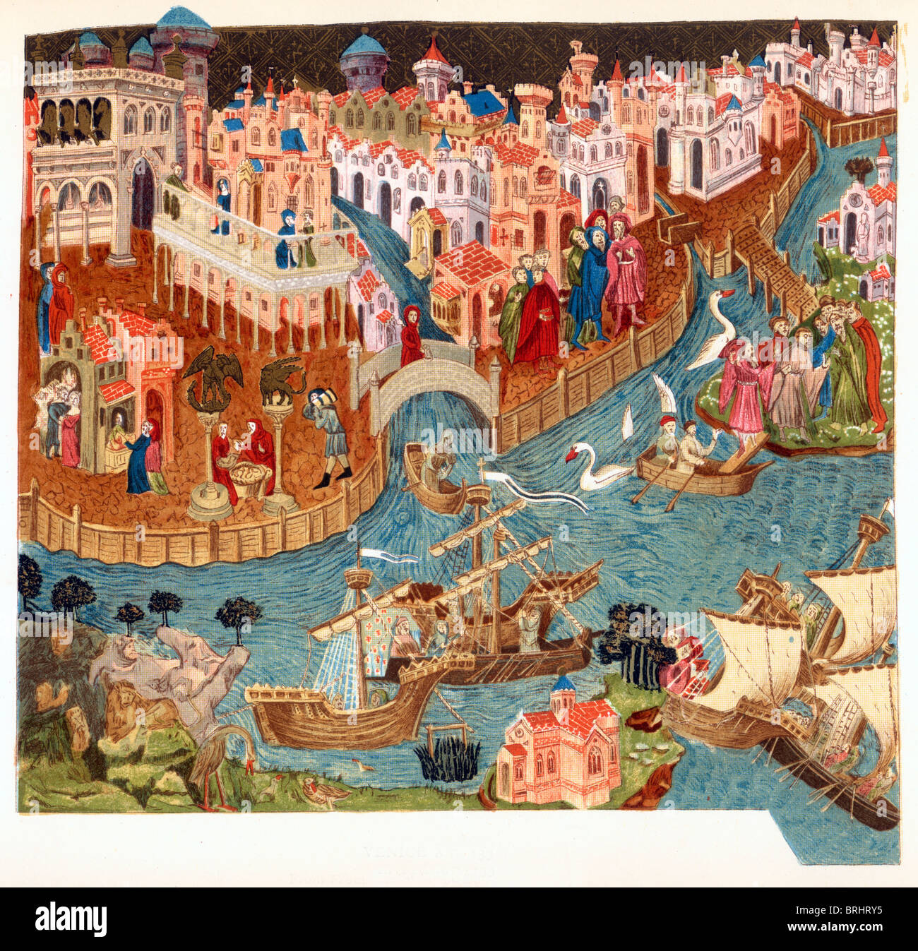 Ilustración a color; Venecia en el año 1338; a partir de un manuscrito medieval en la Bodleian Library Foto de stock