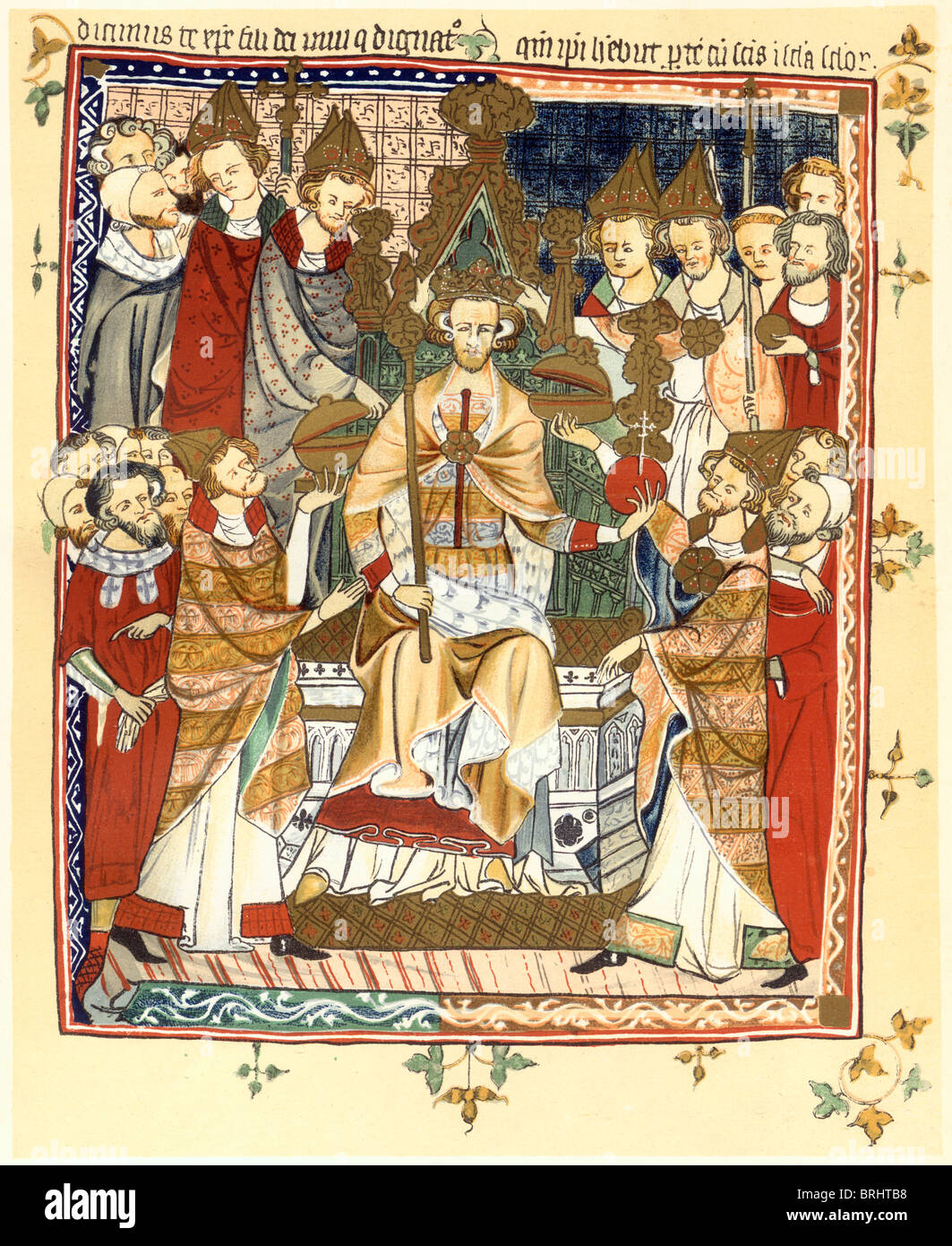Ilustración a color; siglo 14 la coronación de un rey desde el manuscrito en el Corpus Christi College, Cambridge Foto de stock